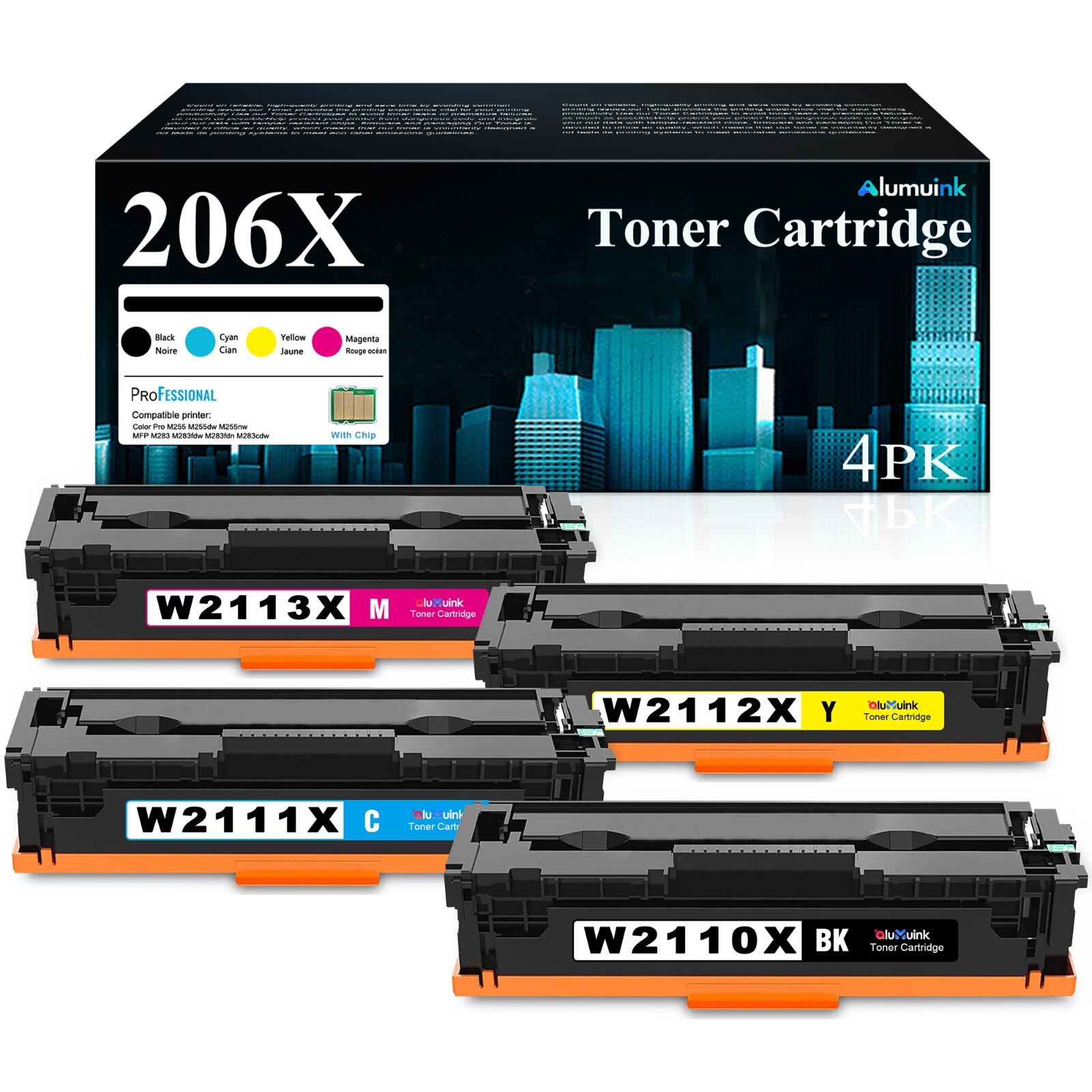 206X 4-Pack High Yield Toner W2110X with Chip for HP M283fdw M255dw M255 Printer