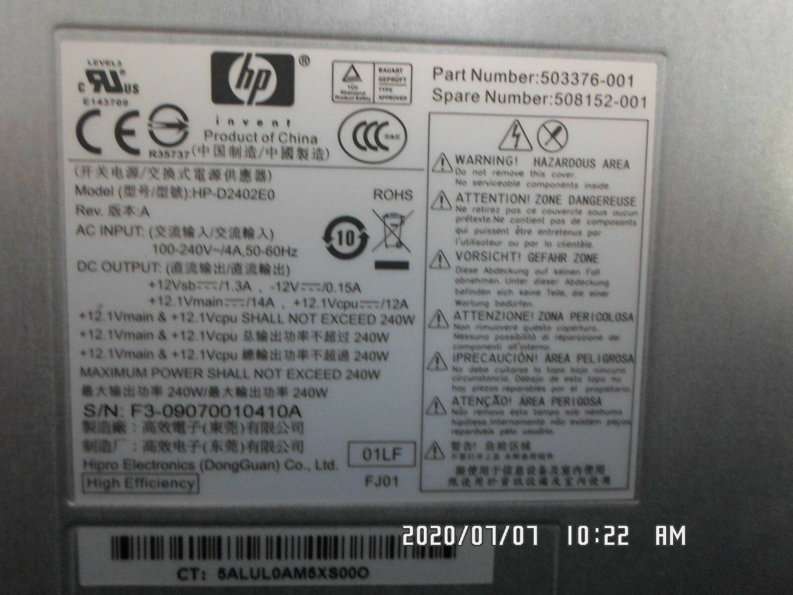 HP 508152-001 503376-001 HP-D2402E0 240W PS TESTED 
