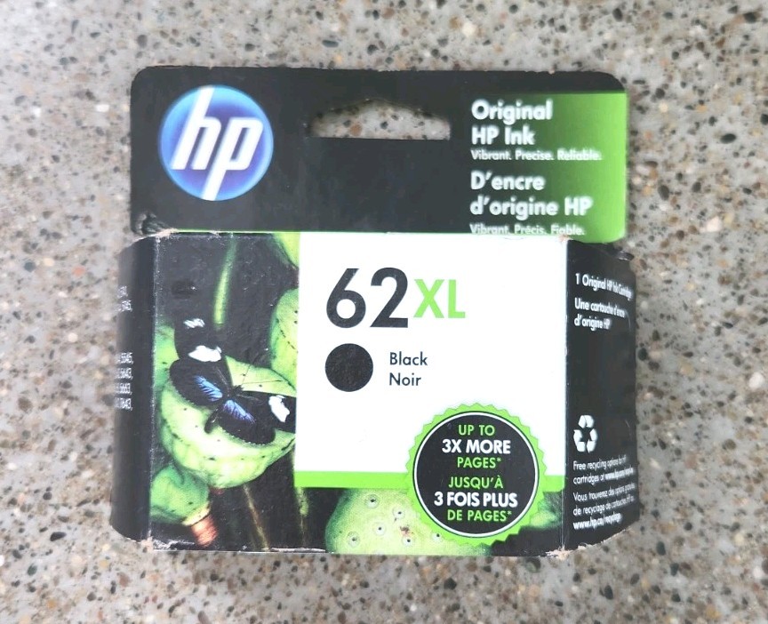 HP 62 XL Black Ink EXP July 2022 Sealed Box OEM Genuine