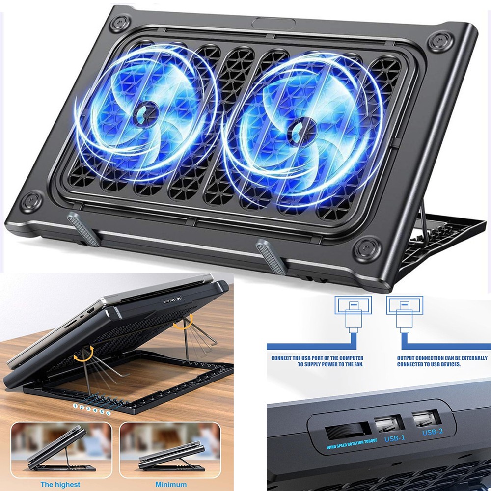 10-16" Laptop Cooling Pad Quiet Fans Cooler Stand 6 Height Adjustable Dual Ports