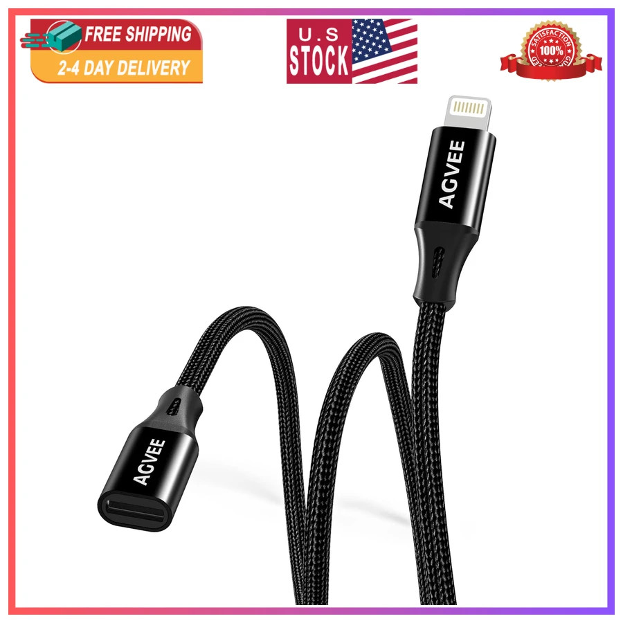 AGVEE 6.6ft Lightning Extension Cable Male to Female Data Audio Charging Cord