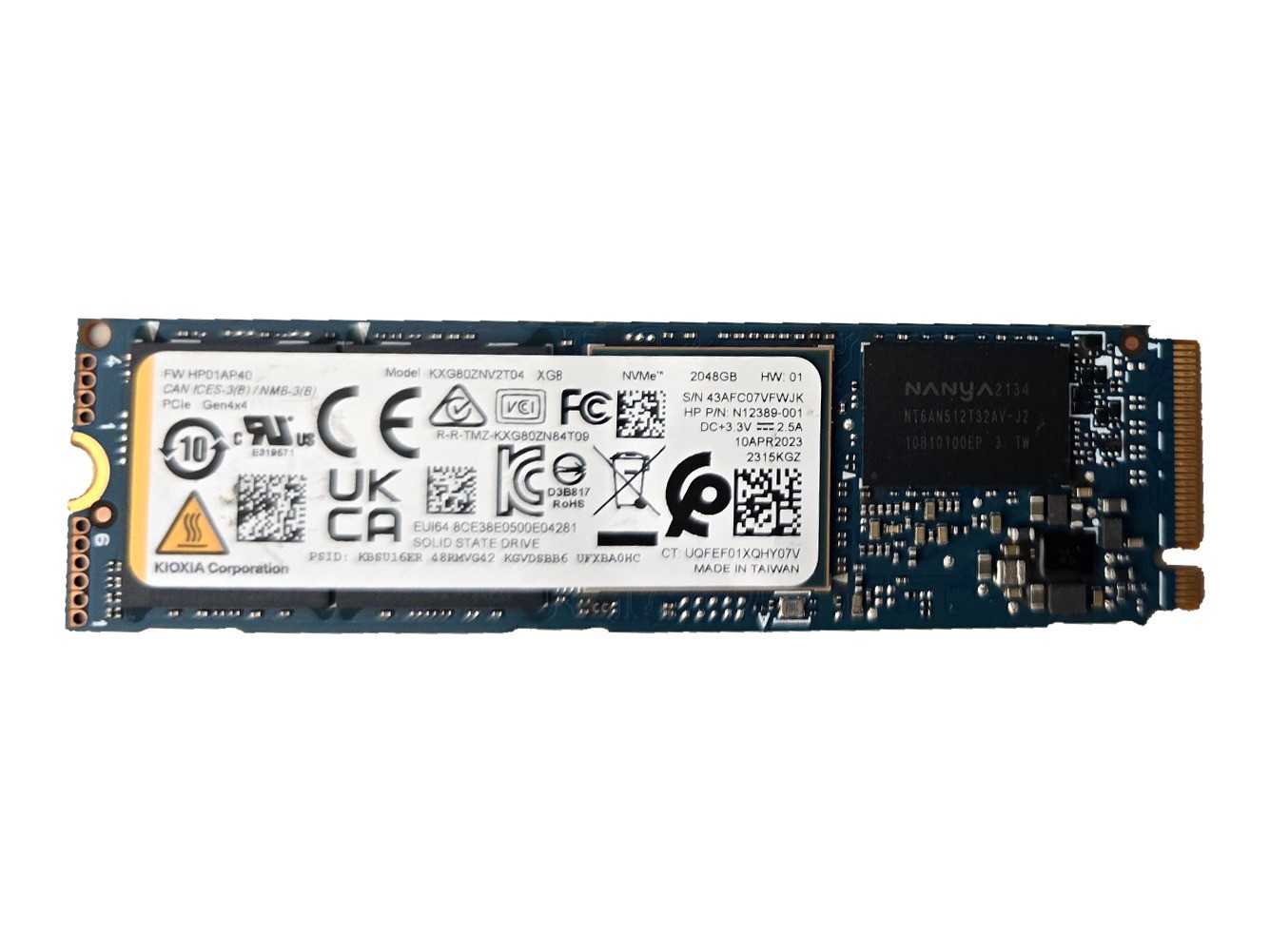 KIOXIA XG8 2TB M.2 2280 NVMe PCIe Gen4 x4 SSD KXG80ZNV2T04 HP N12389-001
