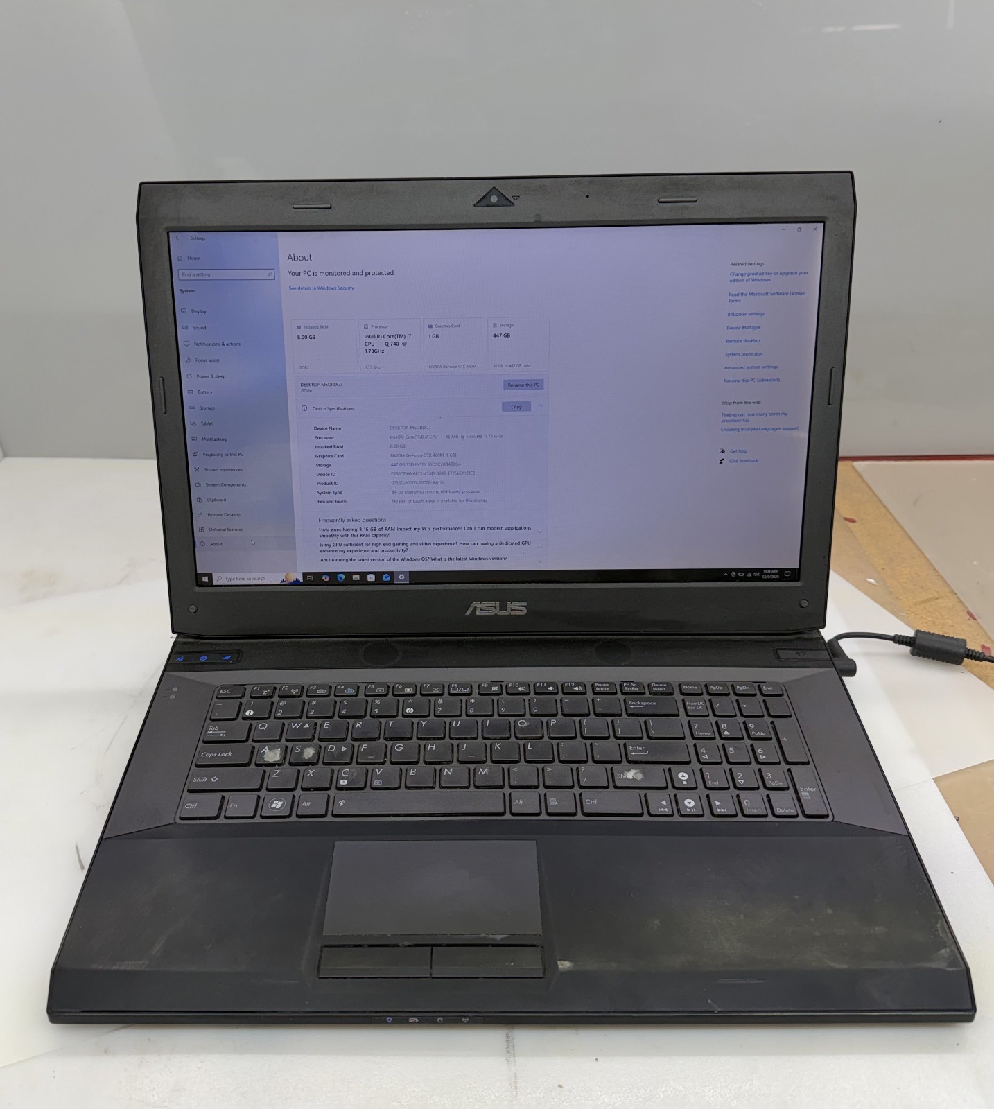 ASUS ROG G73JW Core i7-Q740 8GB RAM 480GB SSD GTX 460M 1GB 17.3" FHD Win10 Home
