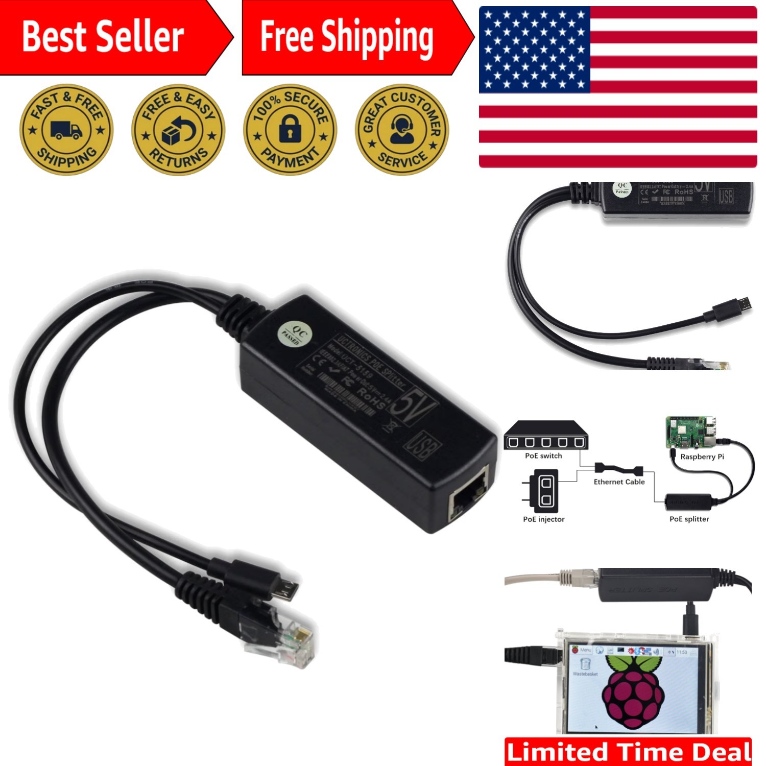 IEEE 802.3af Micro USB PoE Splitter 48V to 5V 2.4A for Raspberry Pi, Tablets