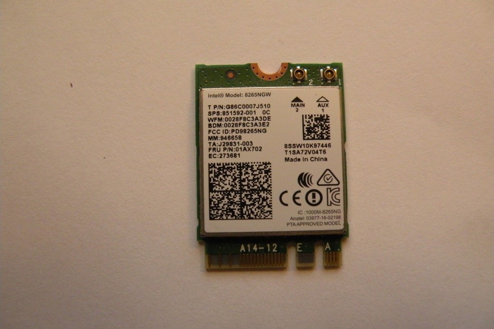 ✔️ Intel Dual Band Wireless 8265NGW Wi-Fi + BT Board 01AX702 G86C0007J510 tested