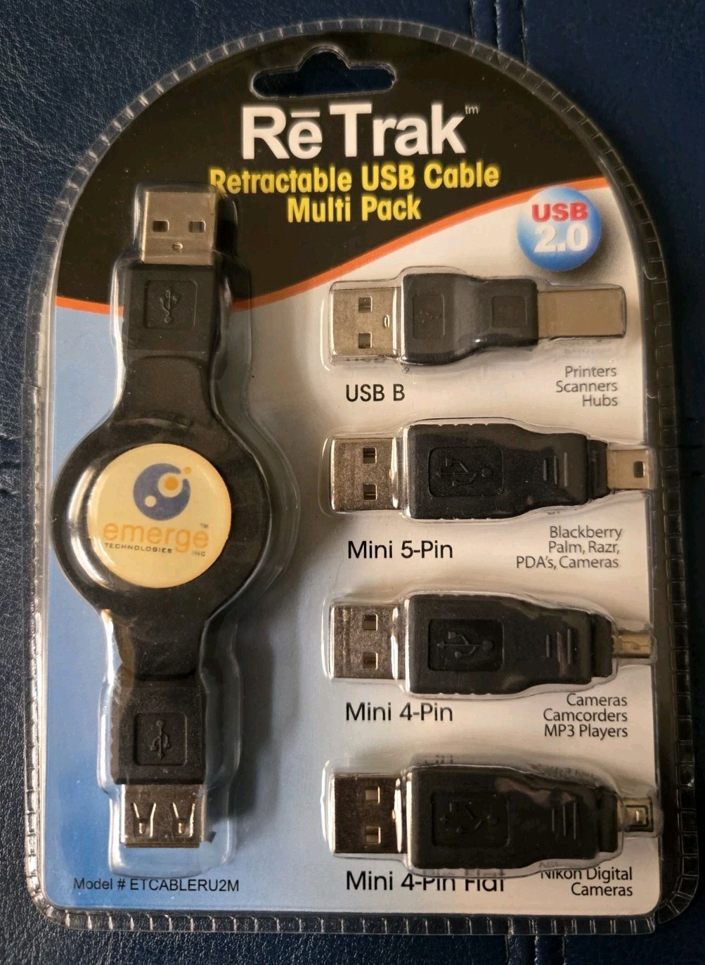 NEW - ReTrak Retractable USB 2.0 Cable with 4 Adapter Tip Multi Pack