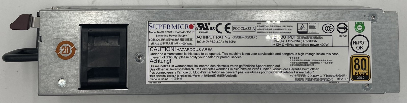 Supermicro PWS-406P-1R 400W Server Switching Power Supply