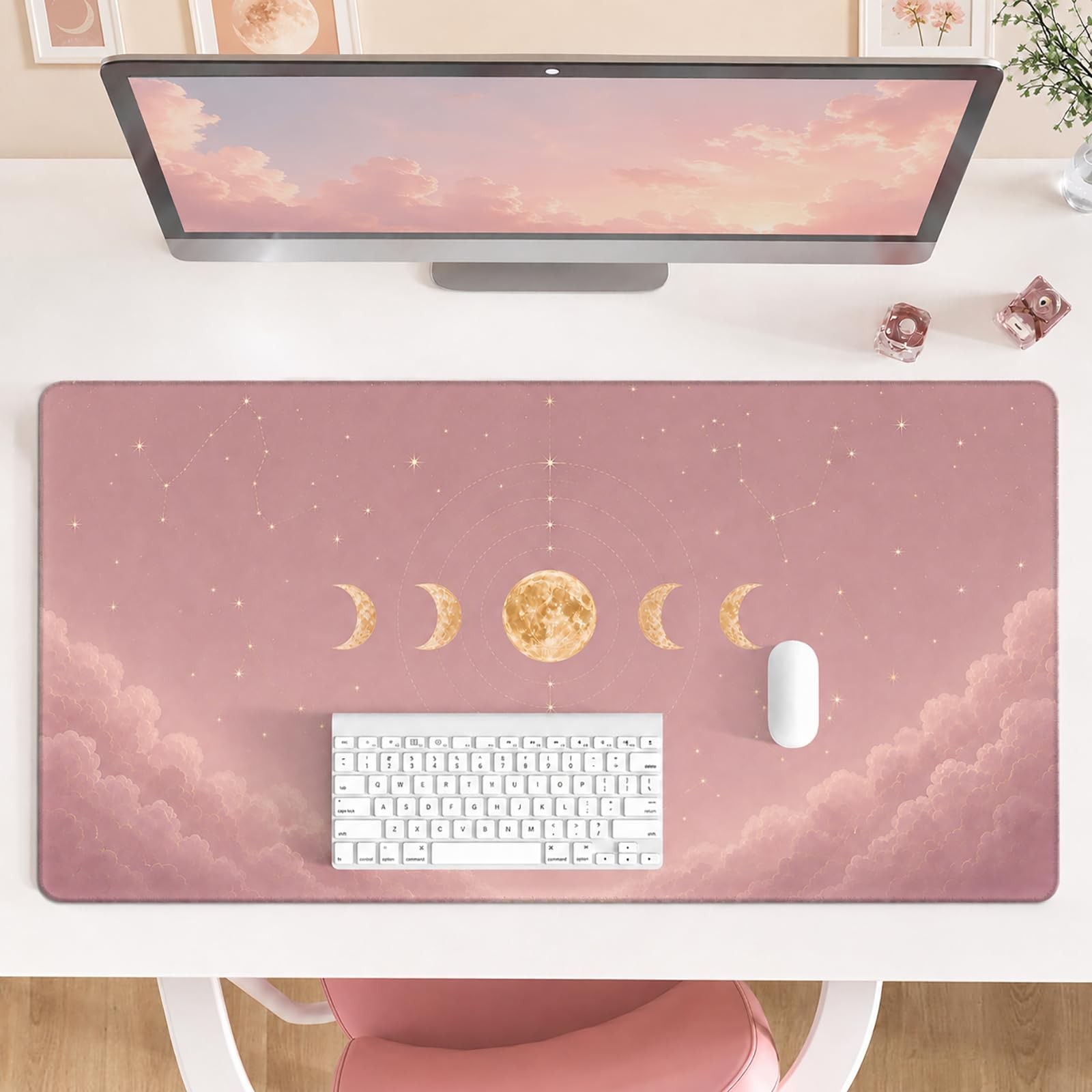 Large Desk Mat 31.5x15.7 Inch Pink Moon Phase Pad Aesthetic Astrology