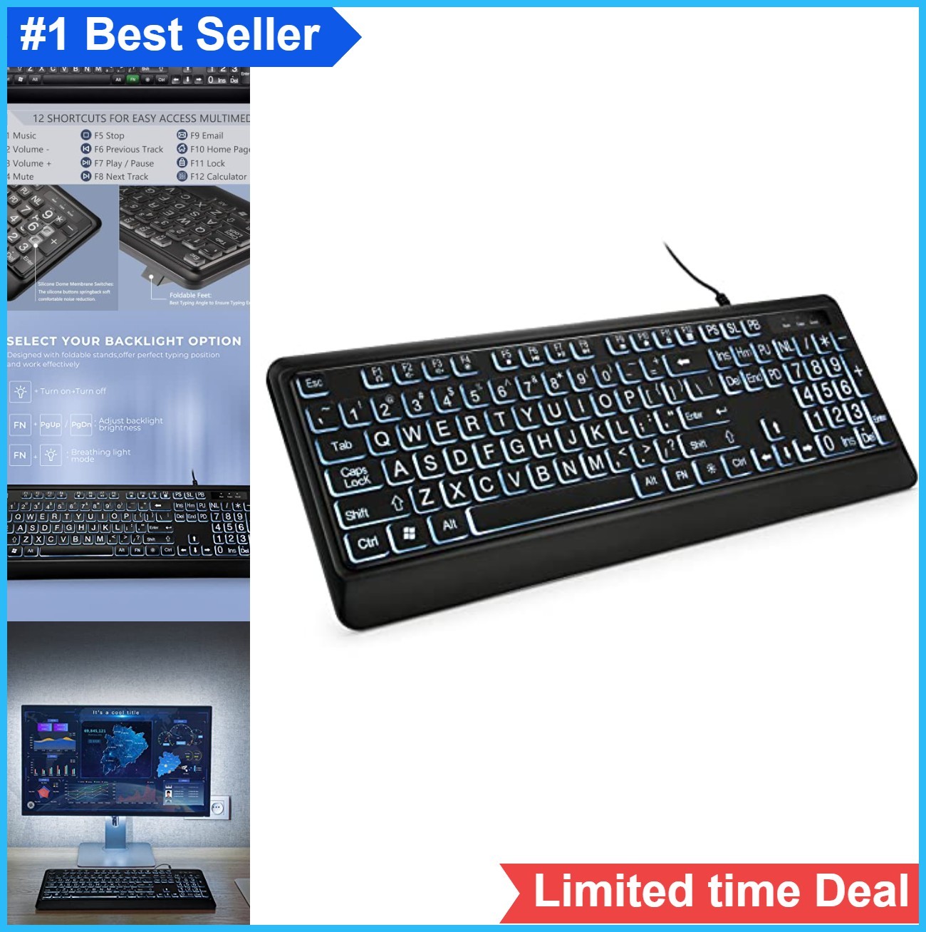 Wired USB Keyboard Full Size 104 Key Large Print Backlit LED White Illuminated