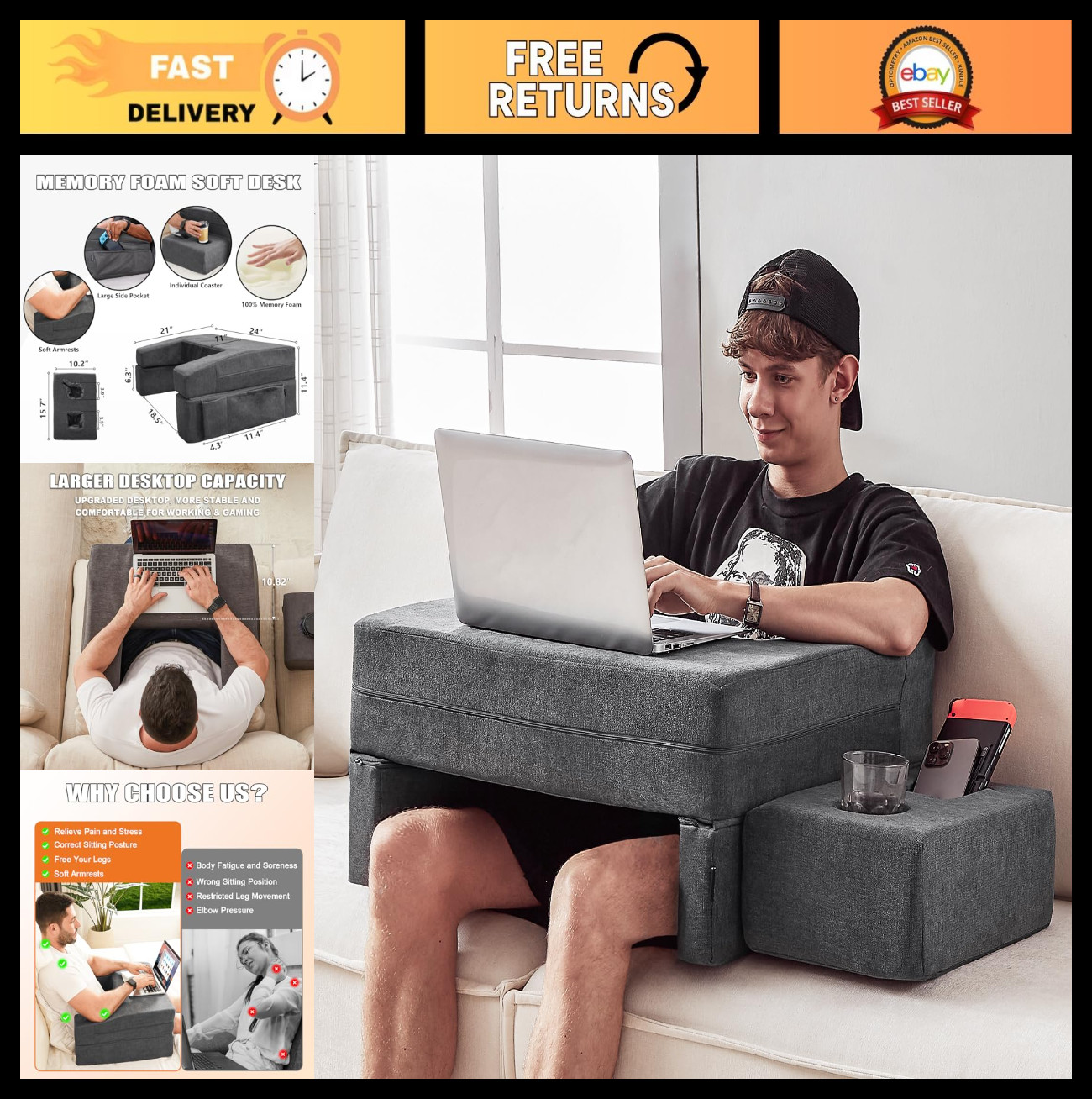 Large Memory Foam Lap Desk Pillow with Cup Holder for Laptop, Reading & Gaming