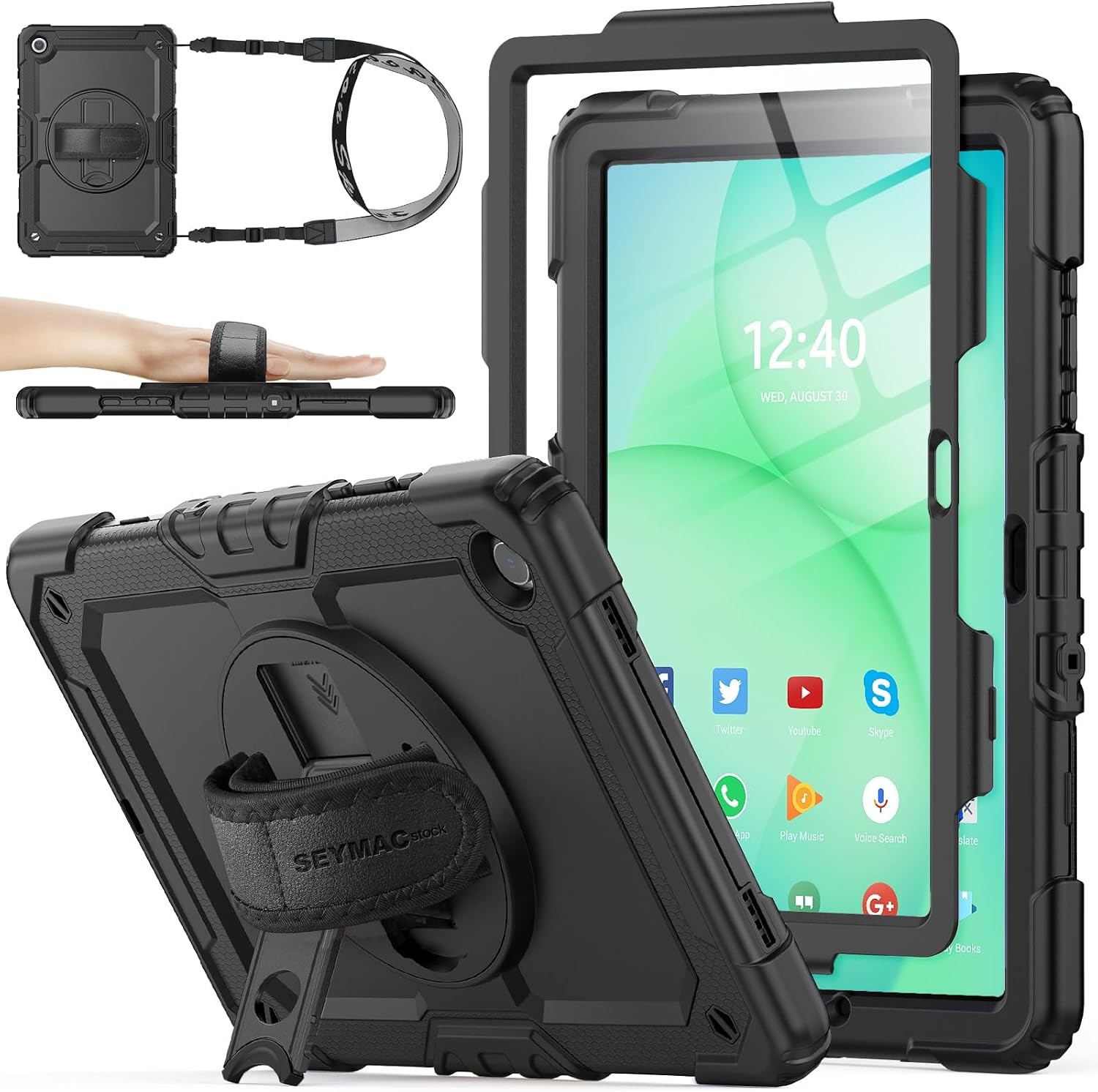 SEYMAC Case for Samsung Galaxy Tab A9+ A11+ Plus 11" Black Strap Stand Holder