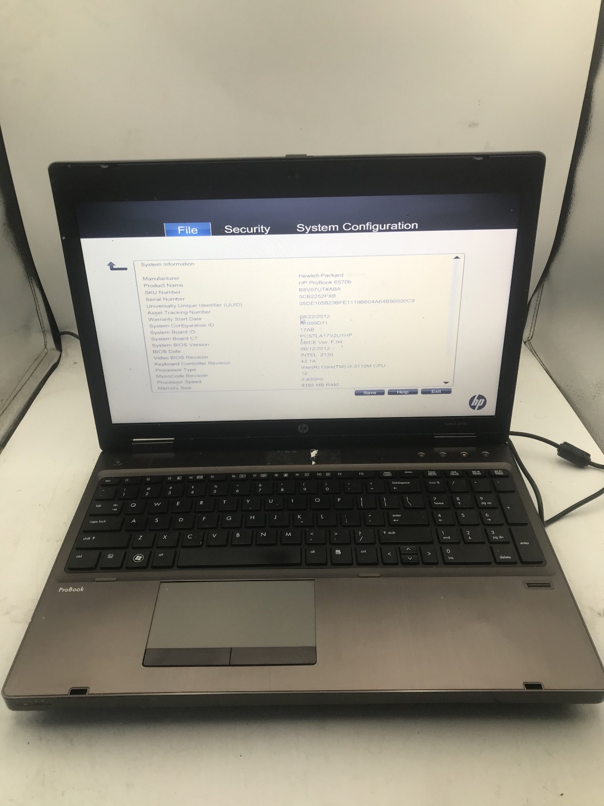 HP PROBOOK 6570B - BOOTS TO BIOS - INTEL I5 3340M - NO RAM - READ - BB