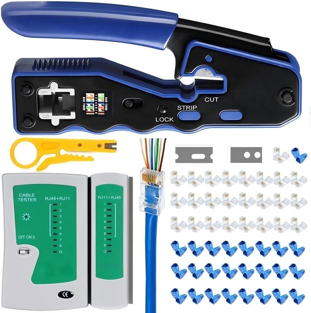 RJ45 Ethernet Crimper Tool Kit for Network Cable with 50 Pass Through Connectors
