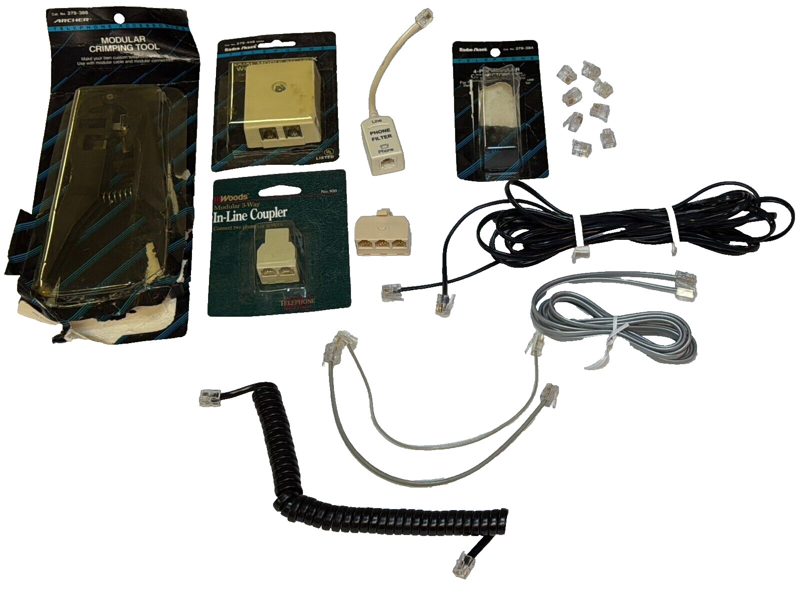 Lot of LAN Tele Cables RJ11, RJ14, Crimp Tool, Mult Couplr, Filter, 8-4 Pin Con