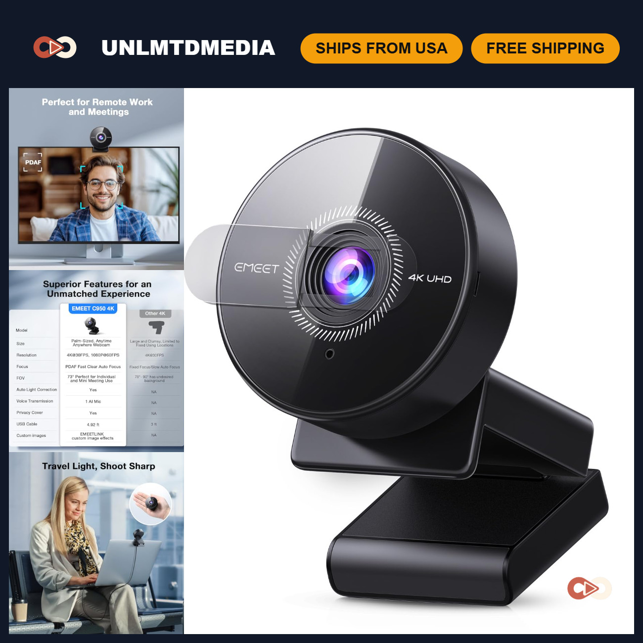4K USB Webcam with Microphone, PDAF Autofocus, HD Video for PC & Laptop