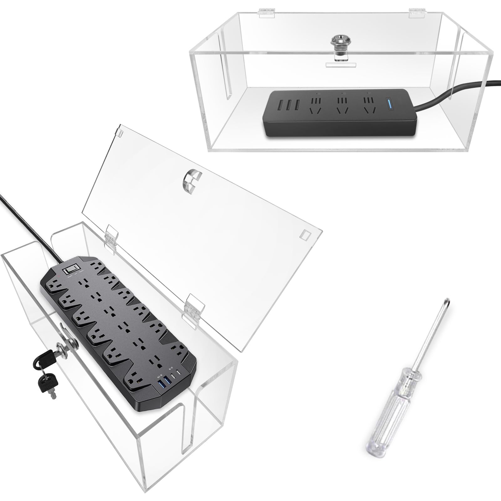 2PC Cable Management Box with Lock,Acrylic,Cable Organizer Box & Power Strip ...