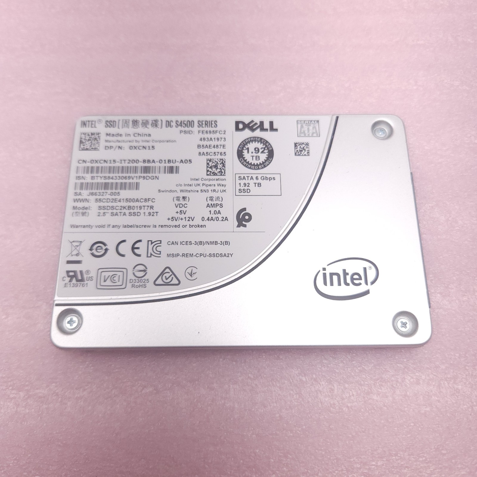 XCN15 Dell Intel DC S4500 1.92TB SATA 6Gbps 2.5" SSD SSDSC2KB019T7R 0XCN15