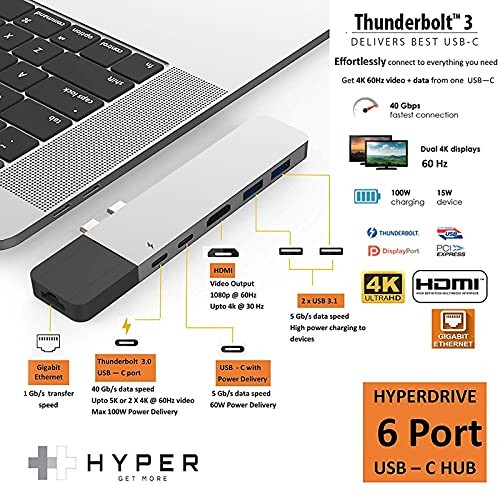 HYPER DRIVE USB C HUB, NET 6-IN-2 FOR MACBOOK PRO AIR, MULTI-PORT USB-C -