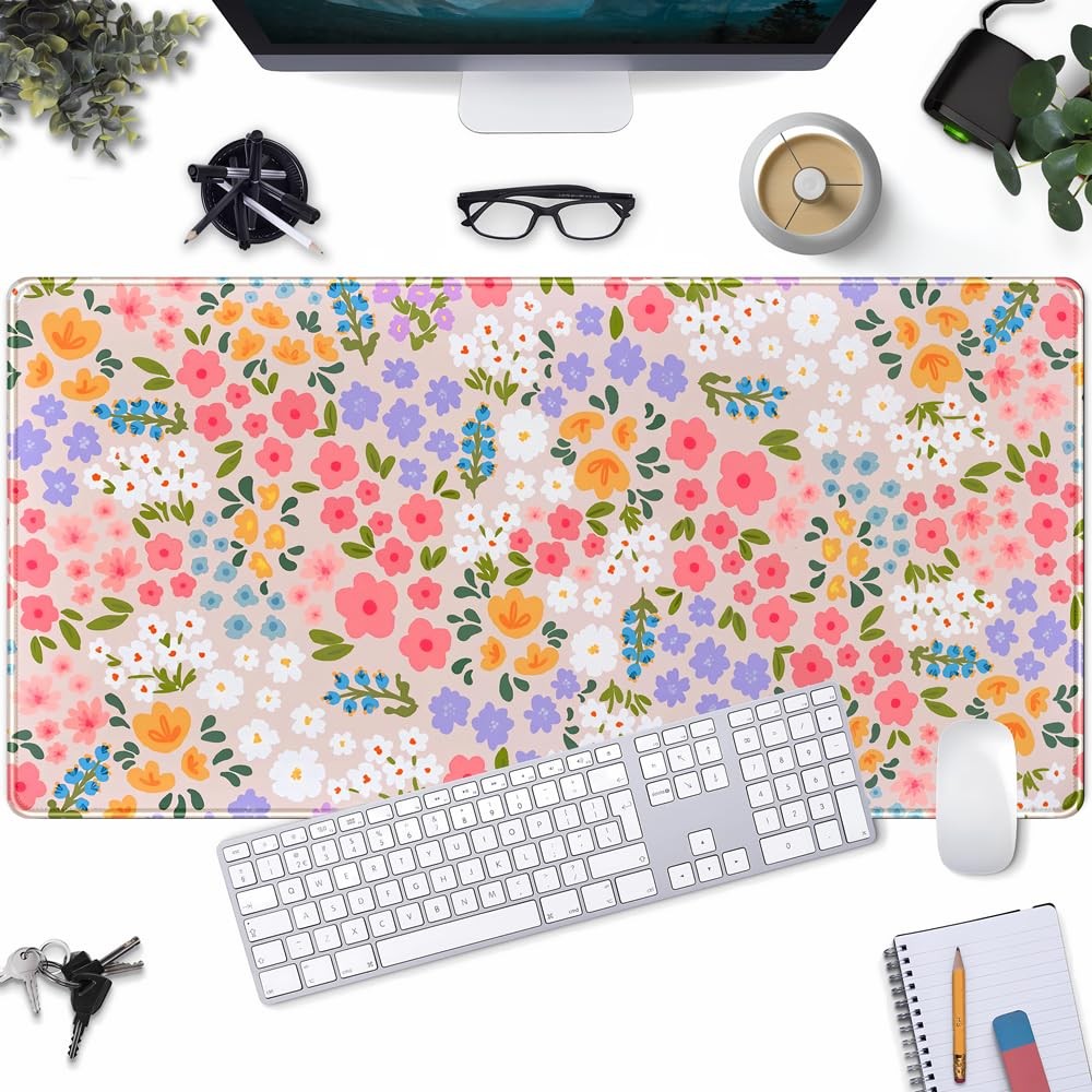 31.5x15.7 Inch Floral Large Mouse Pad Desk Mat Keyboard Pink Flowers Computer