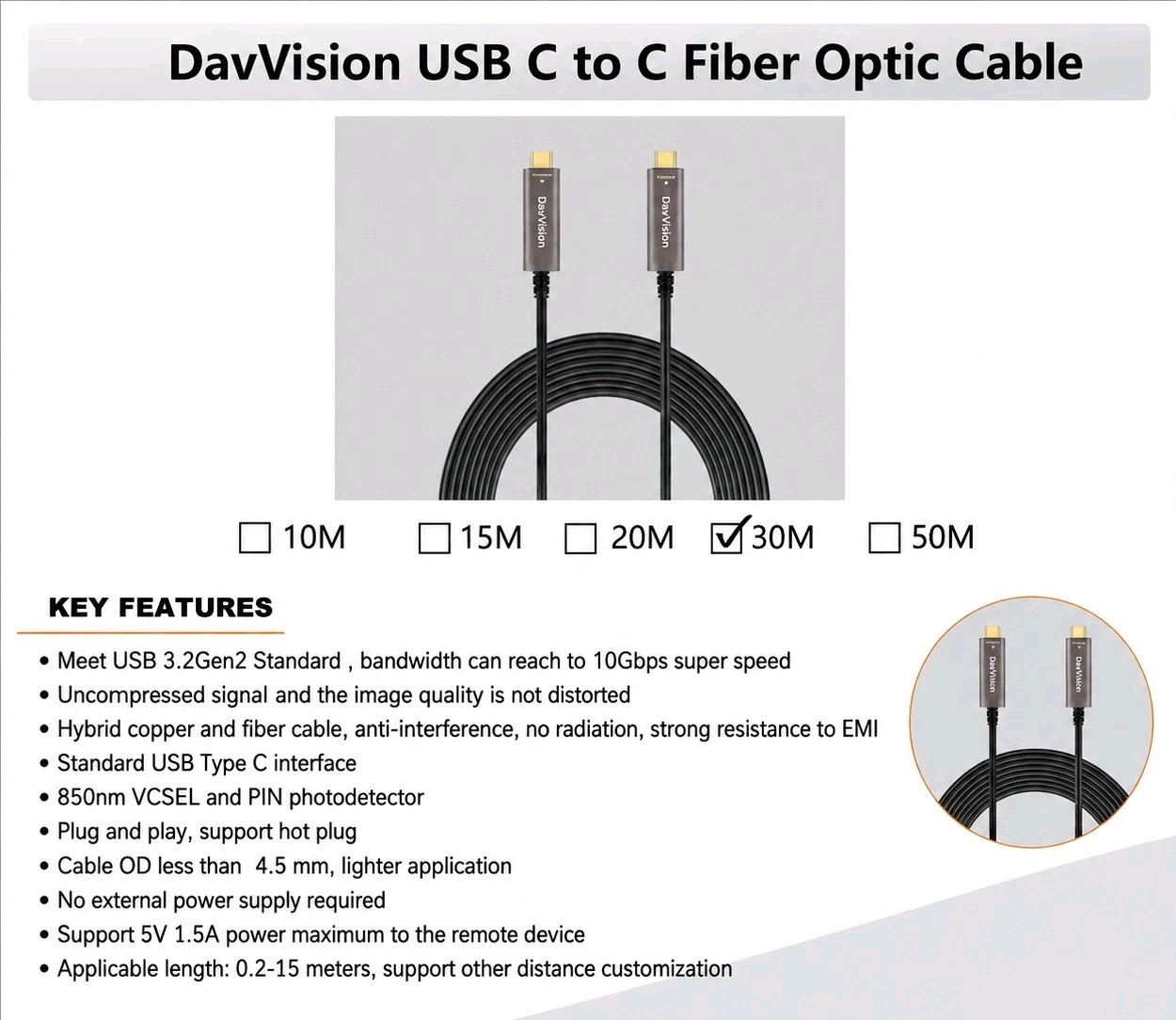 30m 98.4ft USB C Fiber Optic Cable 10Gbps 3.2 Gen2 Active SiliconLine 4K VR Host