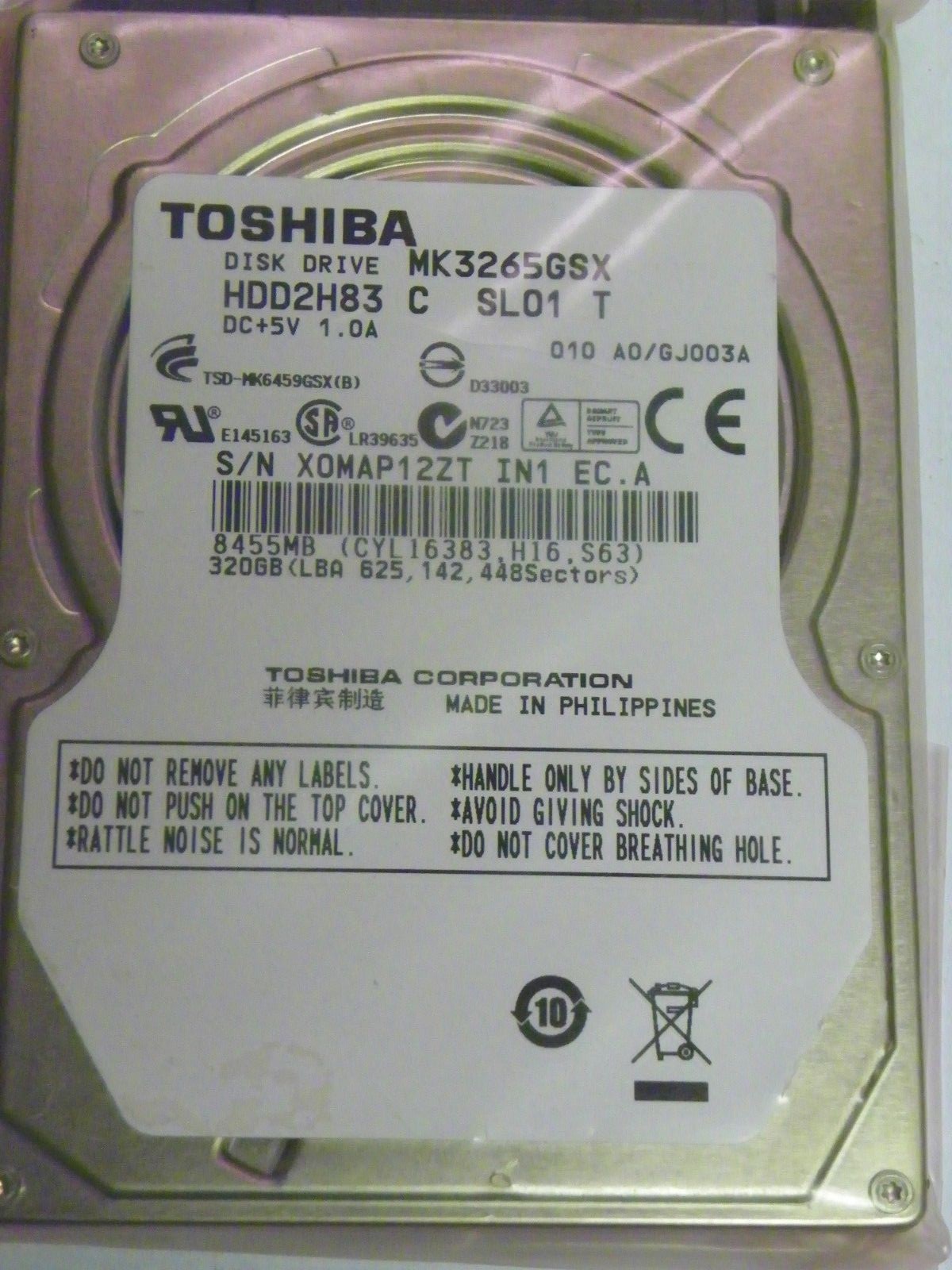 Toshiba MK3265GSX (HDD2H83 C SL01 T) 010 A0/GJ003A Laptop 320GB 2.5" SATA HDD