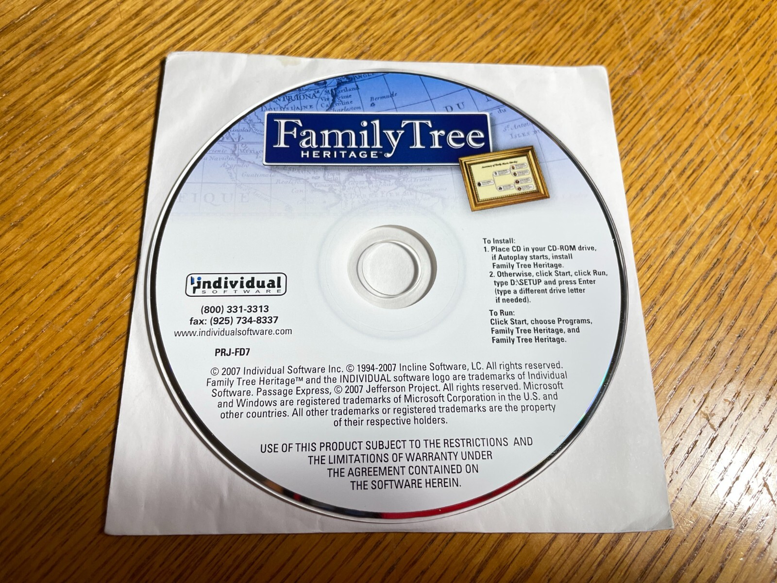 Family Tree Heritage install CD PRJ-FD7 2007 - Individual Software