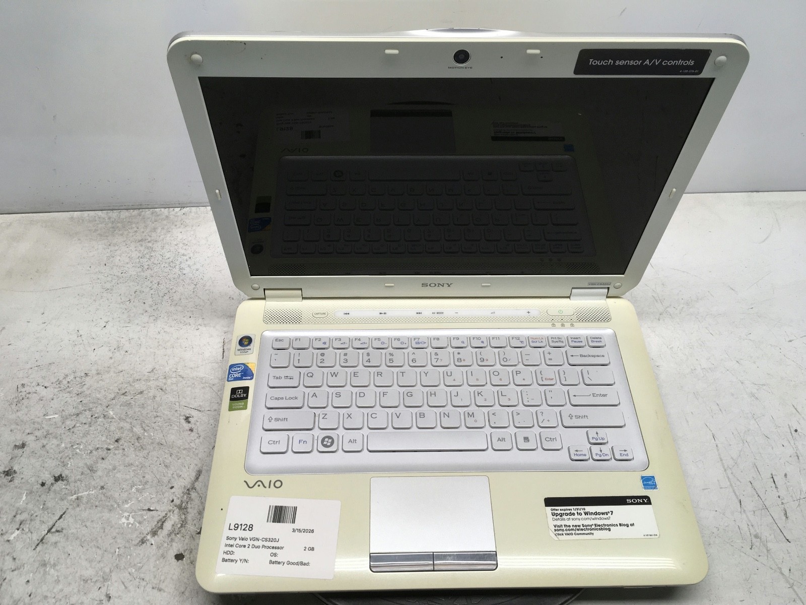 Sony Vaio VGN-CS320J Intel Core 2 Duo Processor T6500 2.1GHz 2 GB NO HDD