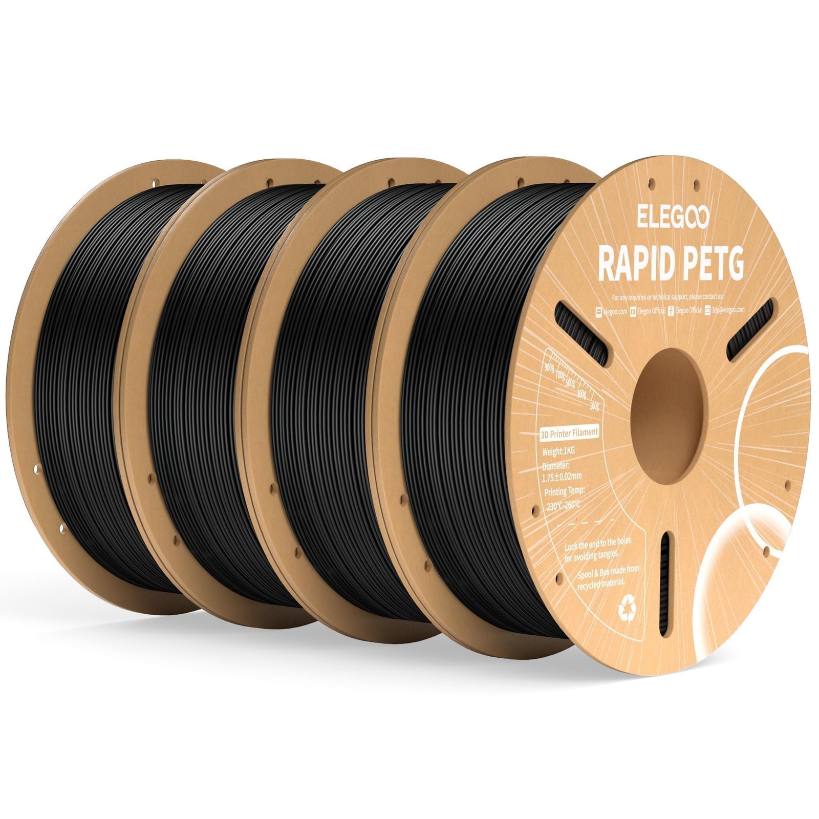 ELEGOO Rapid PETG 3D Printer Filament 1.75mm Black 4 Pack Bundle