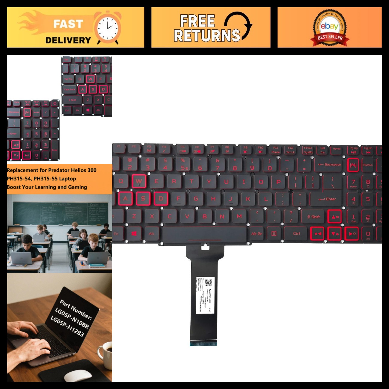 Backlit Replacement Keyboard for Acer Nitro 5 AN515-57/AN515-58 - US Layout