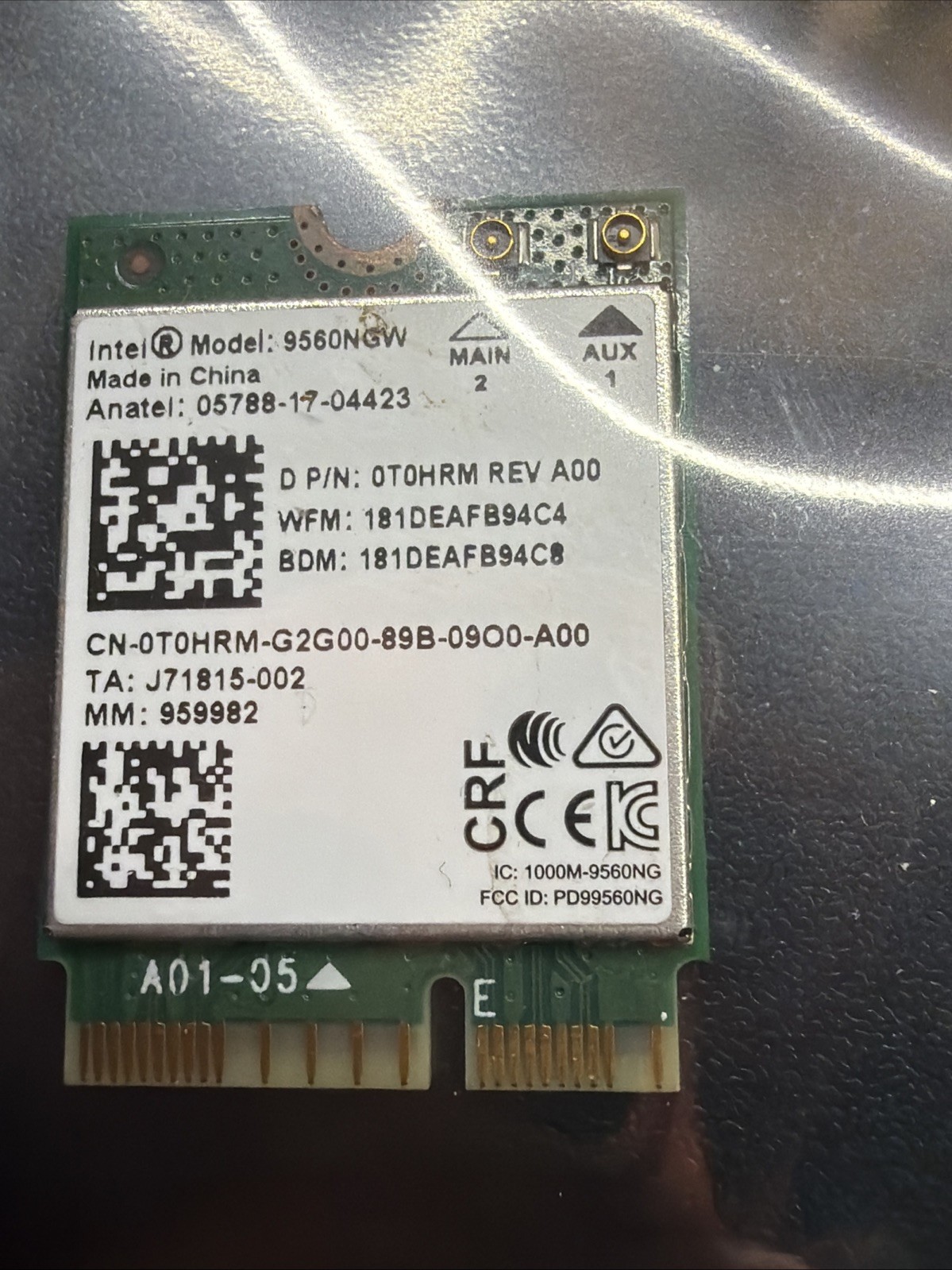 Dell Intel Wireless BlueTooth WiFi Card 9560NGW T0HRM 0T0HRM CN-0T0HRM