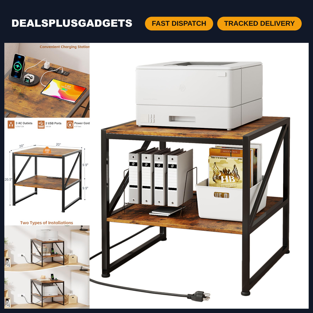 Large 2-Tier Printer Stand with Charging Station, Power Outlets & USB Ports, Rus