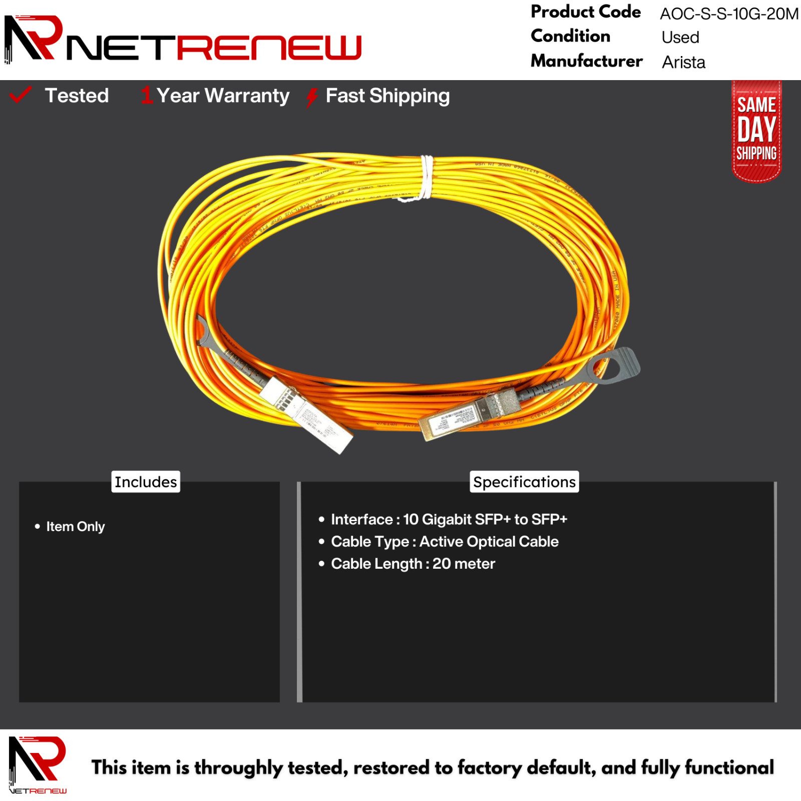 Genuine Arista AOC-S-S-10G-20M 10G SFP+ Optical Cable