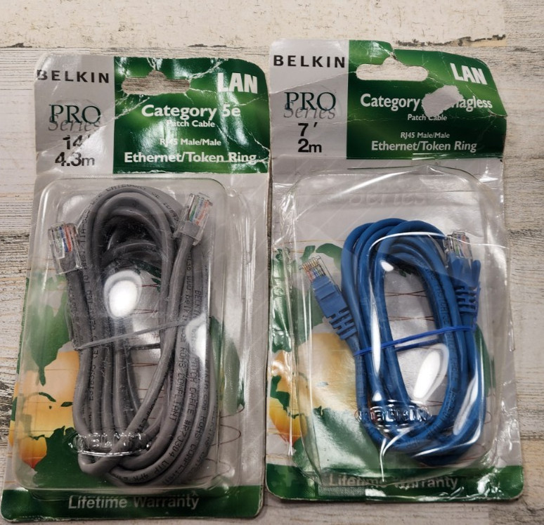 Belkin Pro Series Patch Cable 14' and 7' LAN Category 5e Male/Male Lot of 2 NOS