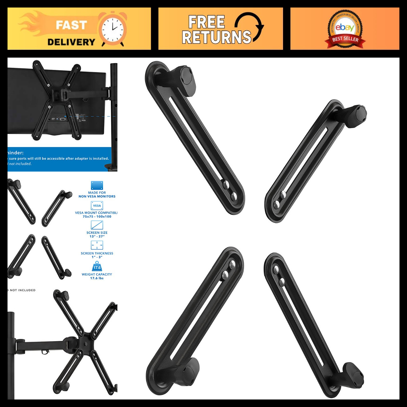 Universal Non-VESA Monitor Mount Adapter Kit for 13-27" LCD LED Screens, Heavy D
