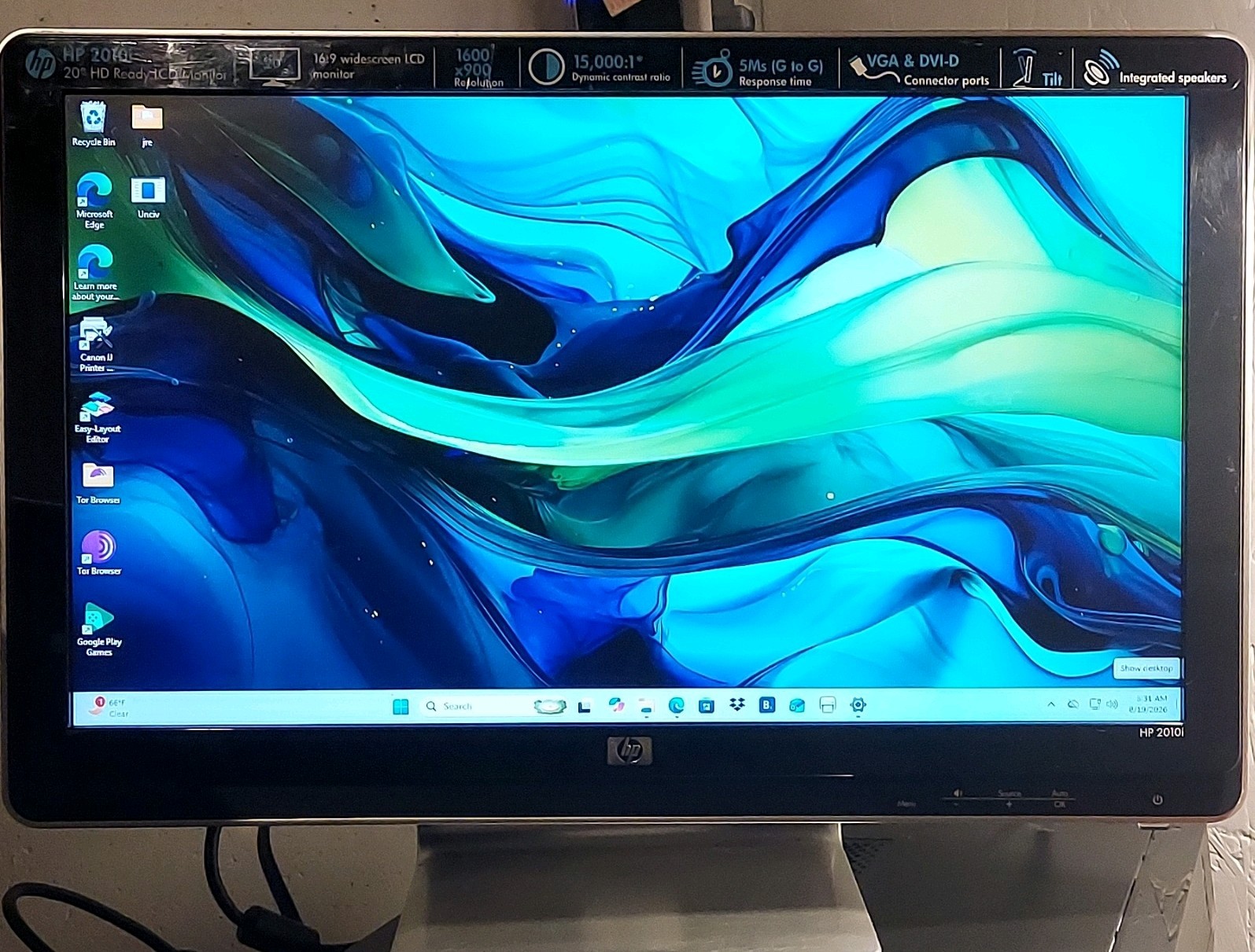HP 2010i 20in LCD Monitor 1600x900 5ms VGA DVI-D Built-In Speakers Tilt