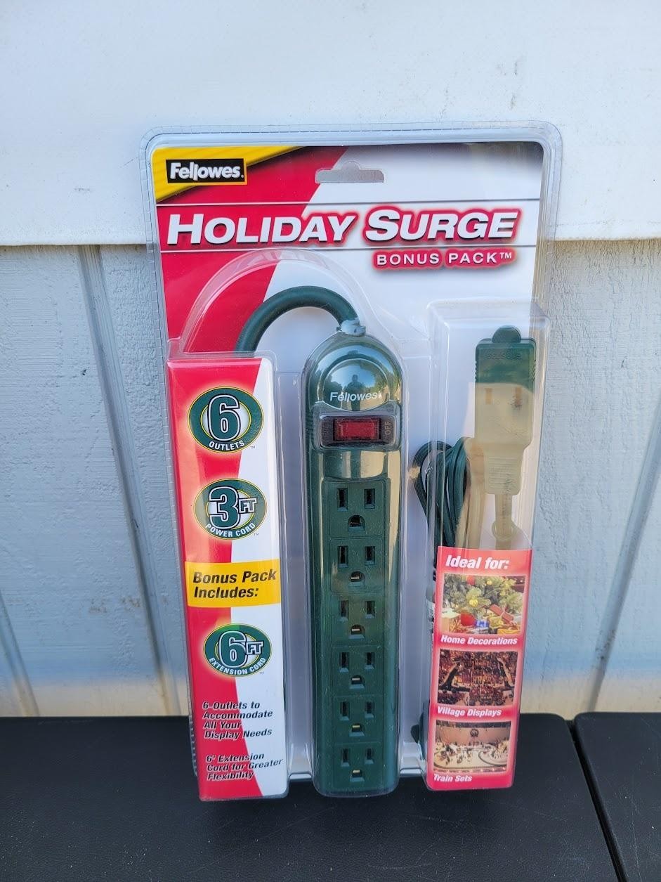Fellowes Holiday Surge Protector 6 Outlet 3ft Cord+6ft Extension Bonus Pack