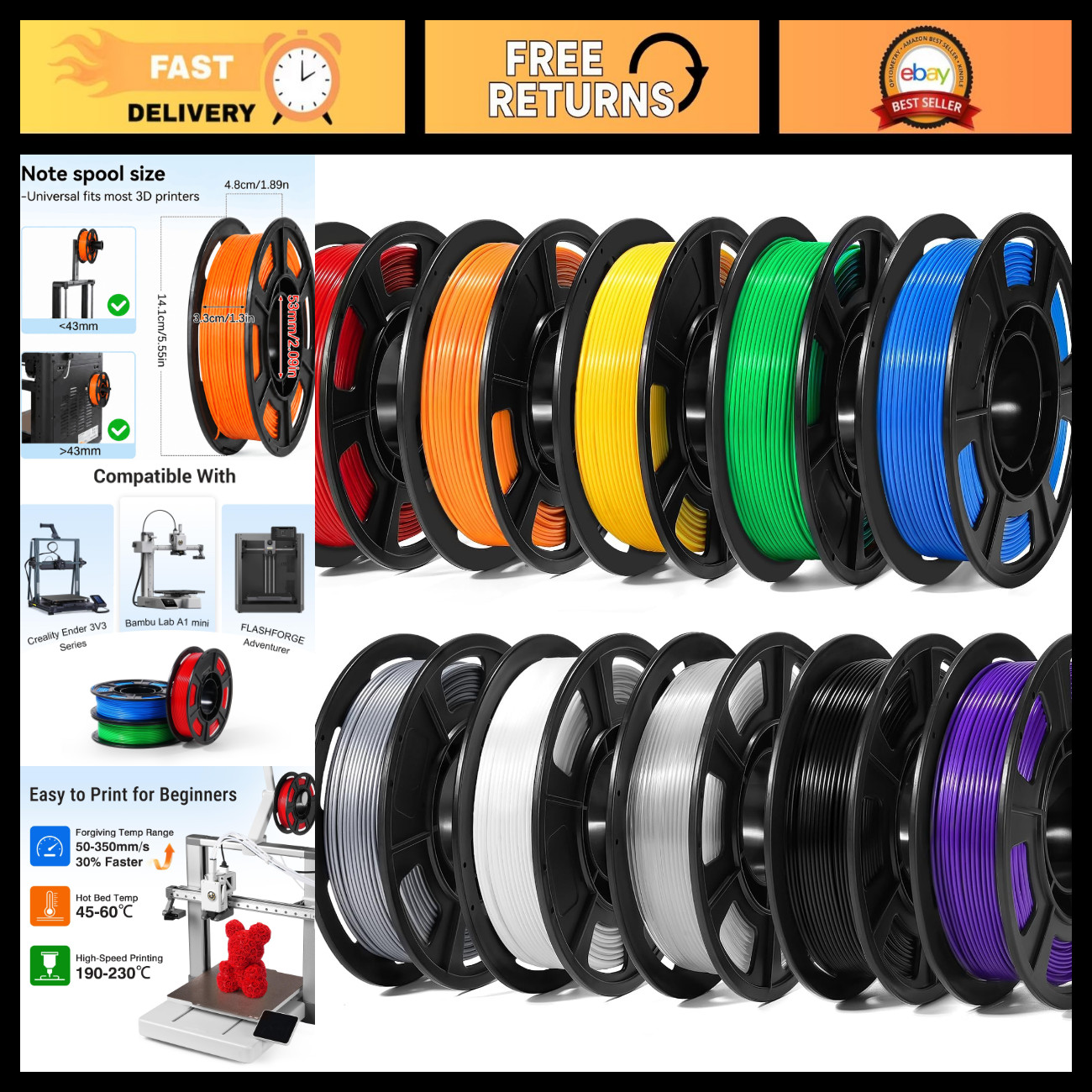 10 Colors 250g PLA 3D Printer Filament 1.75mm for Beginners - High Quality, Easy