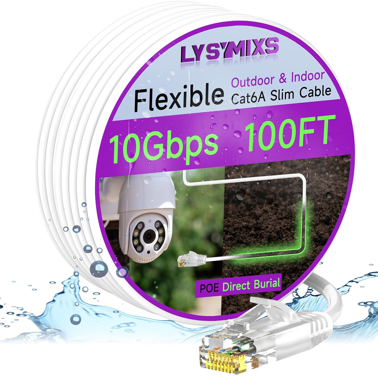 100Ft Cat6A Slim Ethernet Cable, 10G Waterproof LLDPE, Pure Copper, White