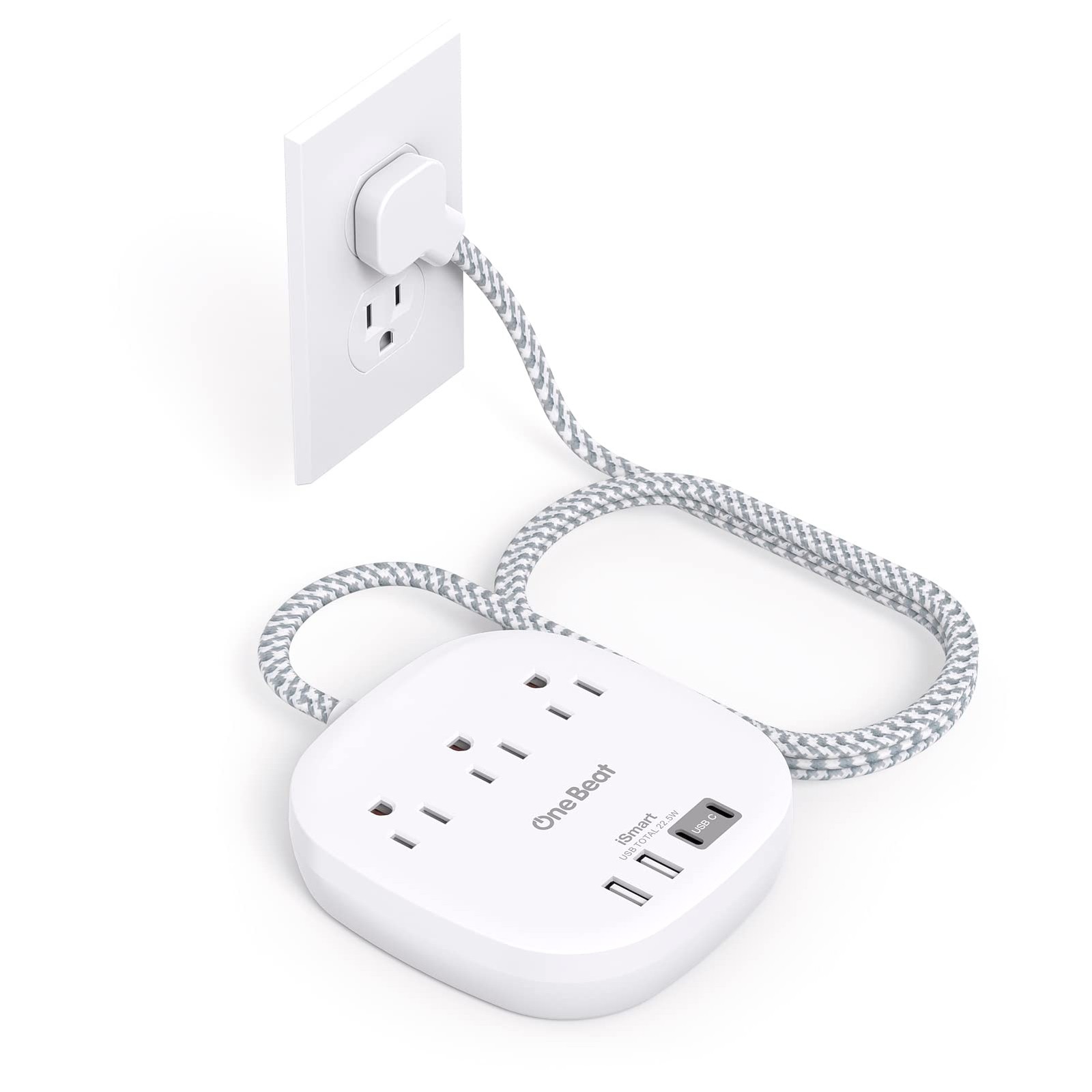 Flat Plug Power Strip 6ft Cord 3 Outlets 2 USB-A 2 USB-C White Cruise Travel