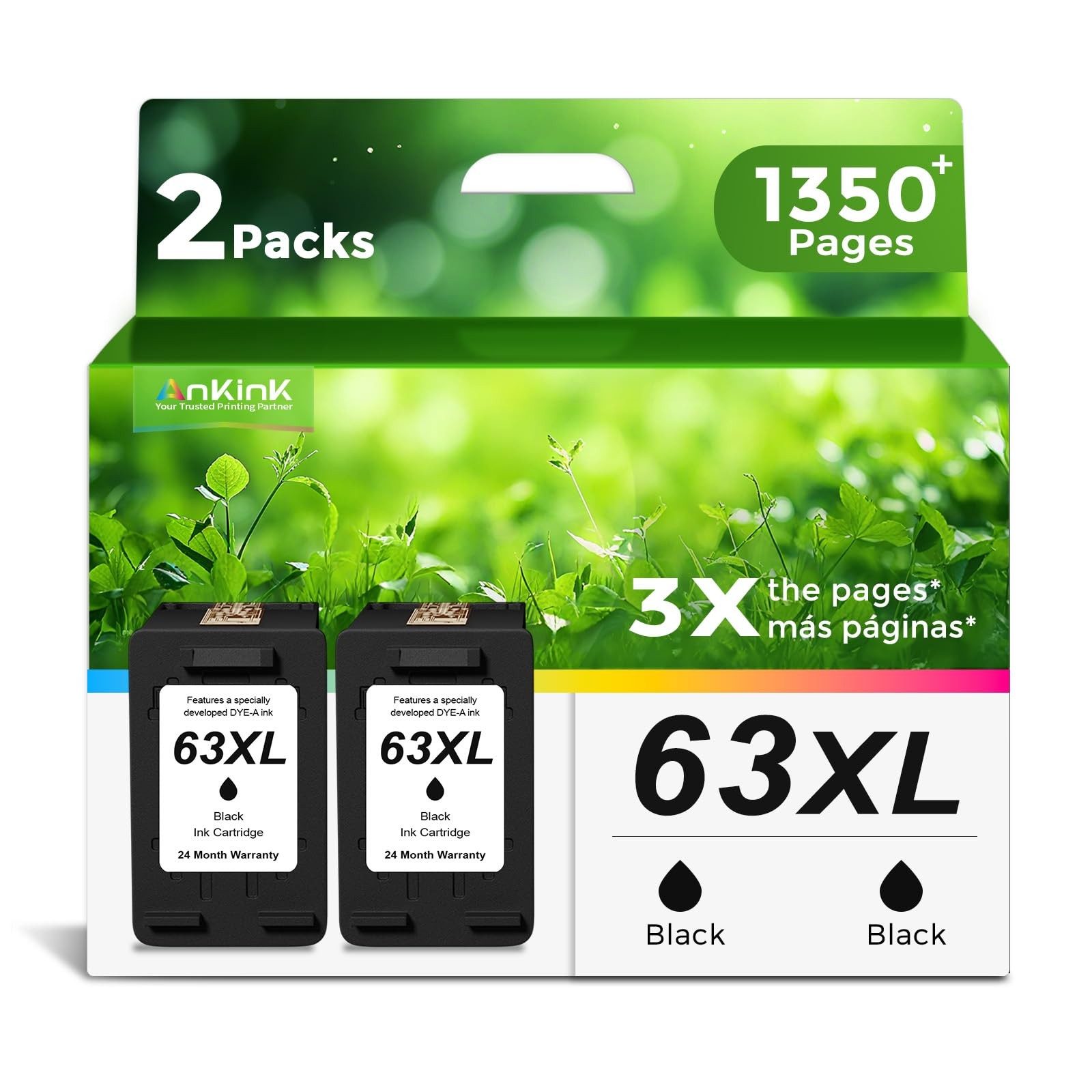 Ankink 63XL Black Ink Cartridges Replacement for HP 63 XL HP63XL 2Pack