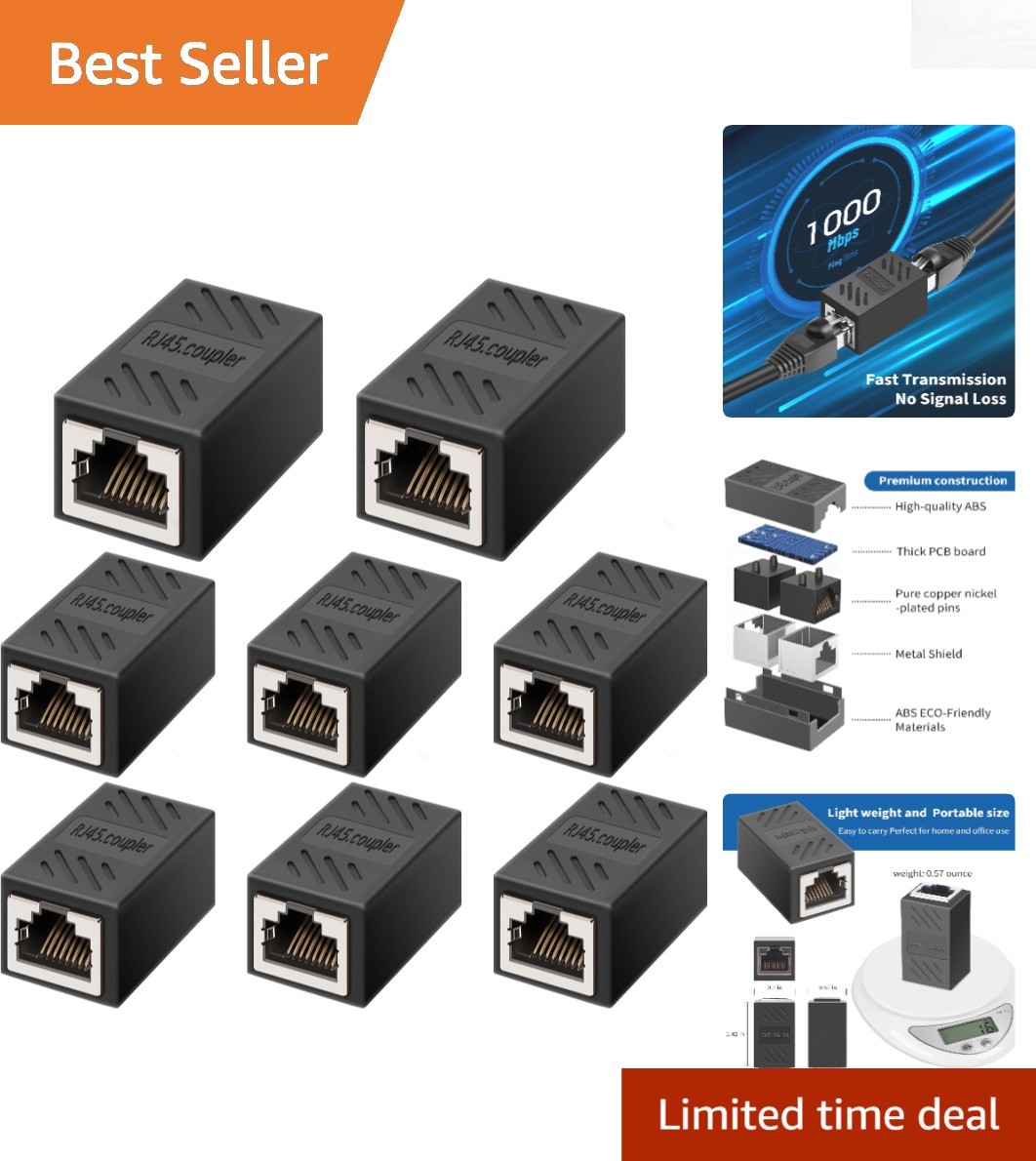8-Pack RJ45 Ethernet Coupler - High-Speed Network Cable Extender for Cat7/Cat6