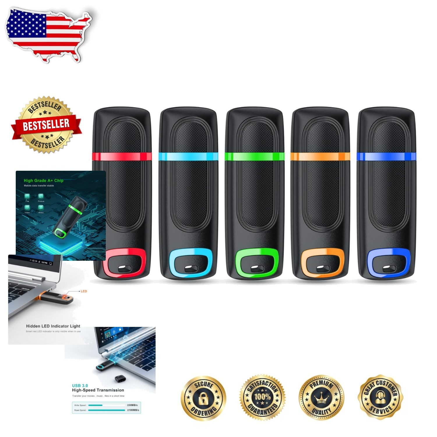 Bulk 5x 64GB USB 3.0 Memory Sticks - Fast Transfer, LED, Lanyard Hole