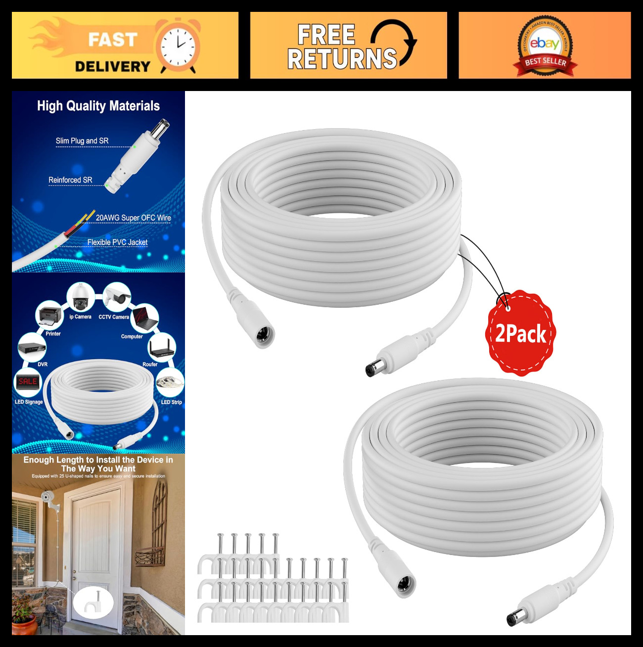50FT 12V DC Power Extension Cable (2-Pack) - 5.5mm x 2.1mm Adapter for CCTV, LED