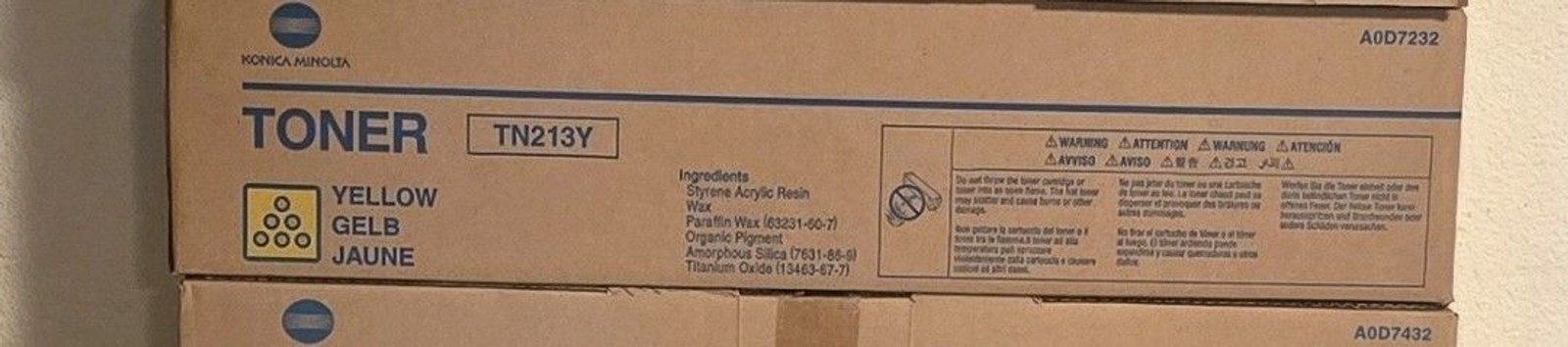Konica Minolta TN213Y Yellow Toner Cartridge A0D7232 New Sealed OEM