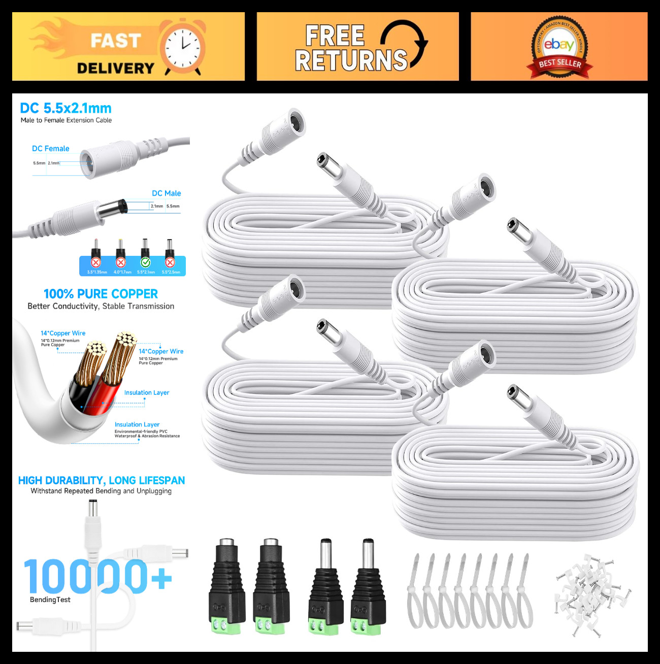 4PCS 33ft DC Power Extension Cable 12V 5.5mm x 2.1mm with Connectors & Clips