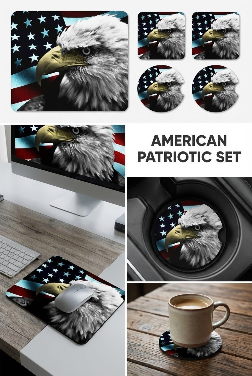 Bald Eagle Head American Flag Mousepad Coasters Patriotic Decor USA Veteran Gift