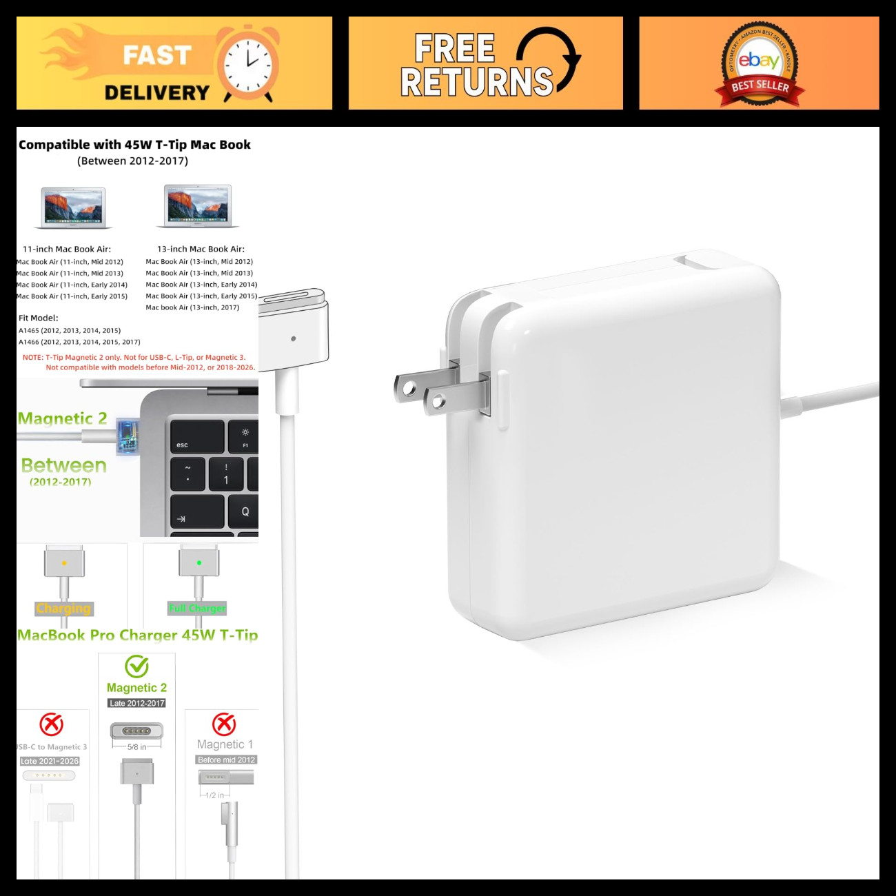 45W Magnetic T-Tip Power Adapter for MacBook Air (2012-2017) - Laptop Charger