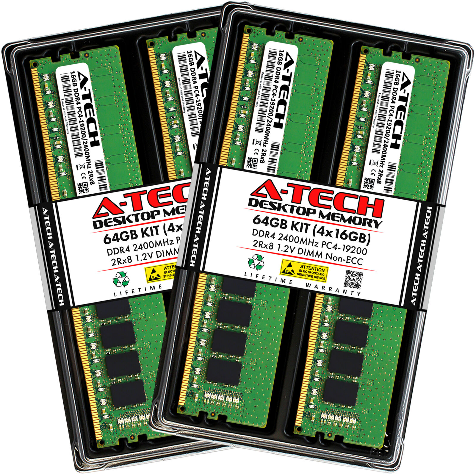 A-Tech 64GB 4x 16GB PC4-19200 Desktop DDR4 2400 MHz DIMM 288-Pin 2Rx8 Memory RAM