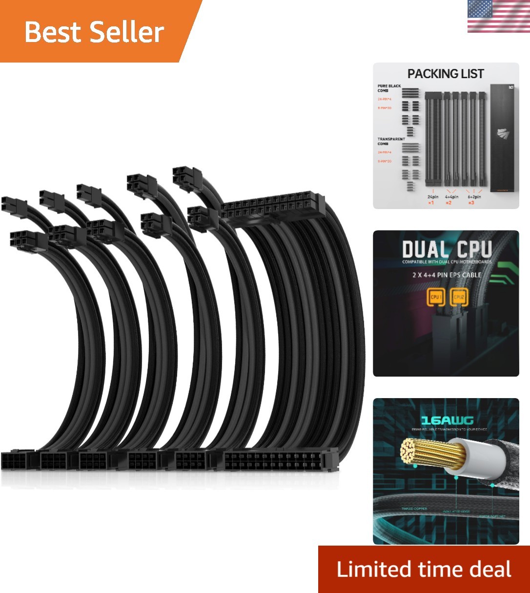 Power Supply Sleeved Cable for Power Supply Extension Cable Wire Kit 1x24-PIN...