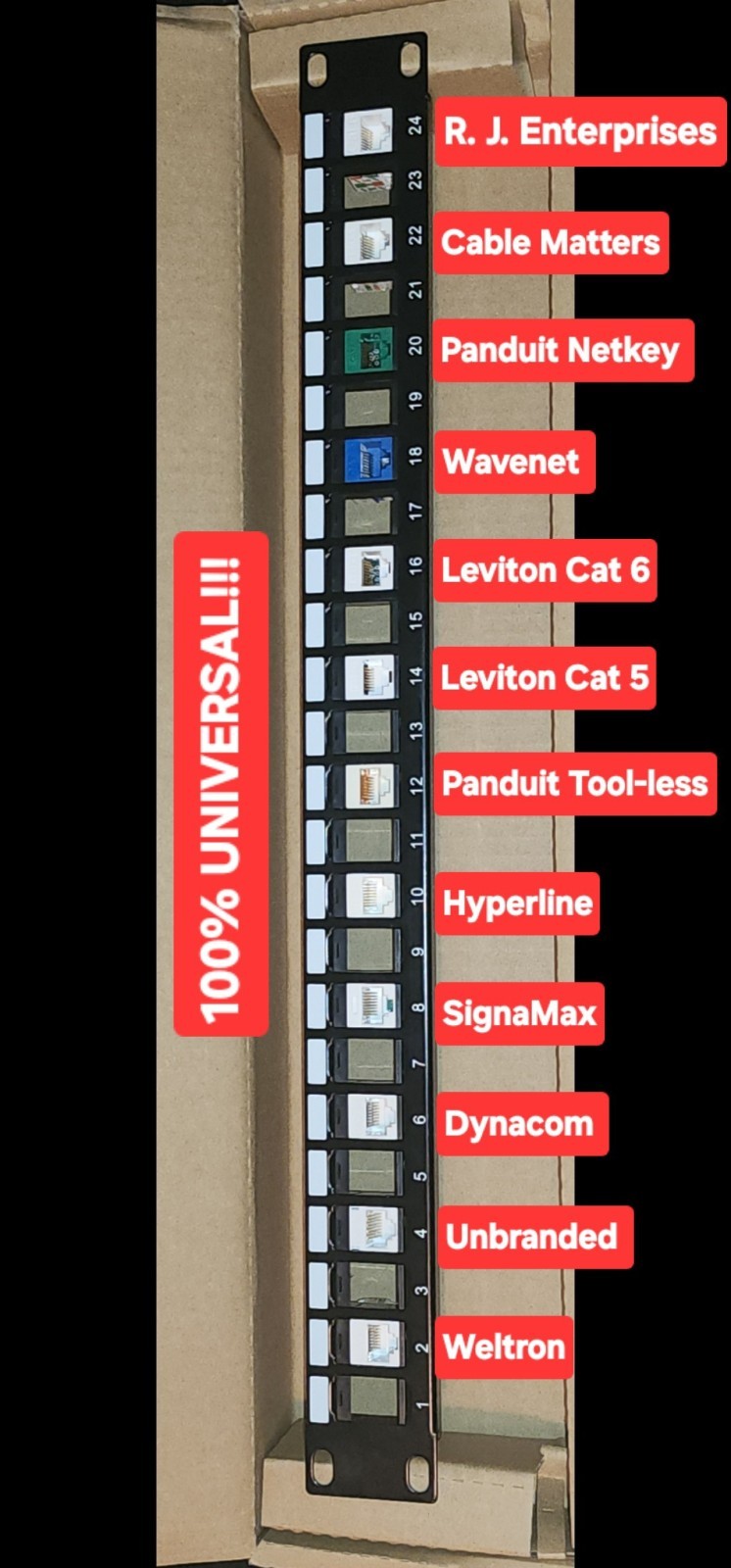 Universal Blank Keystone 24-port Patch Panel 1U High Density Strain Support, New